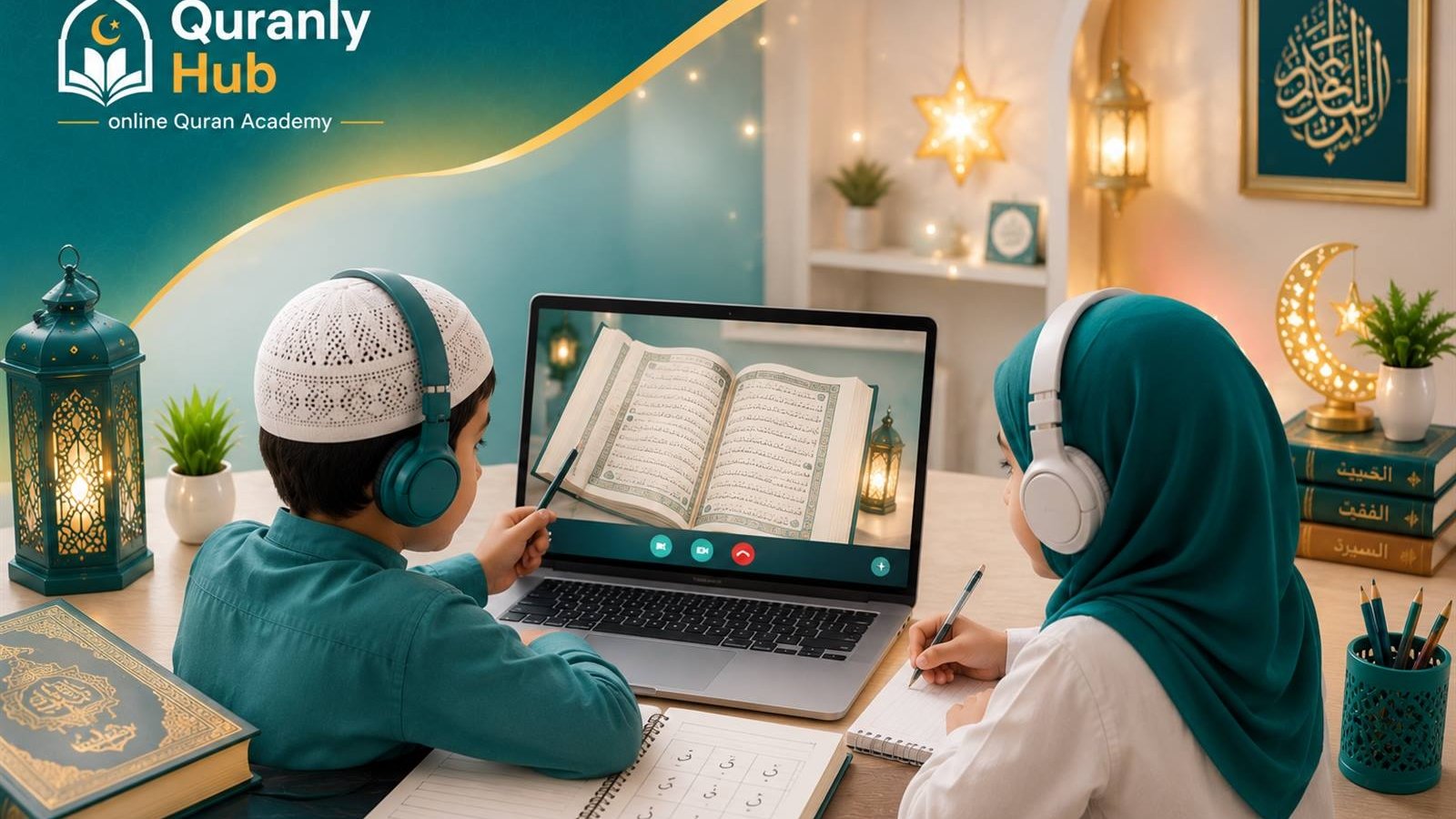 Brother and sister wearing headphones during a shared online Quran lesson, writing in notebooks in front of a laptop
