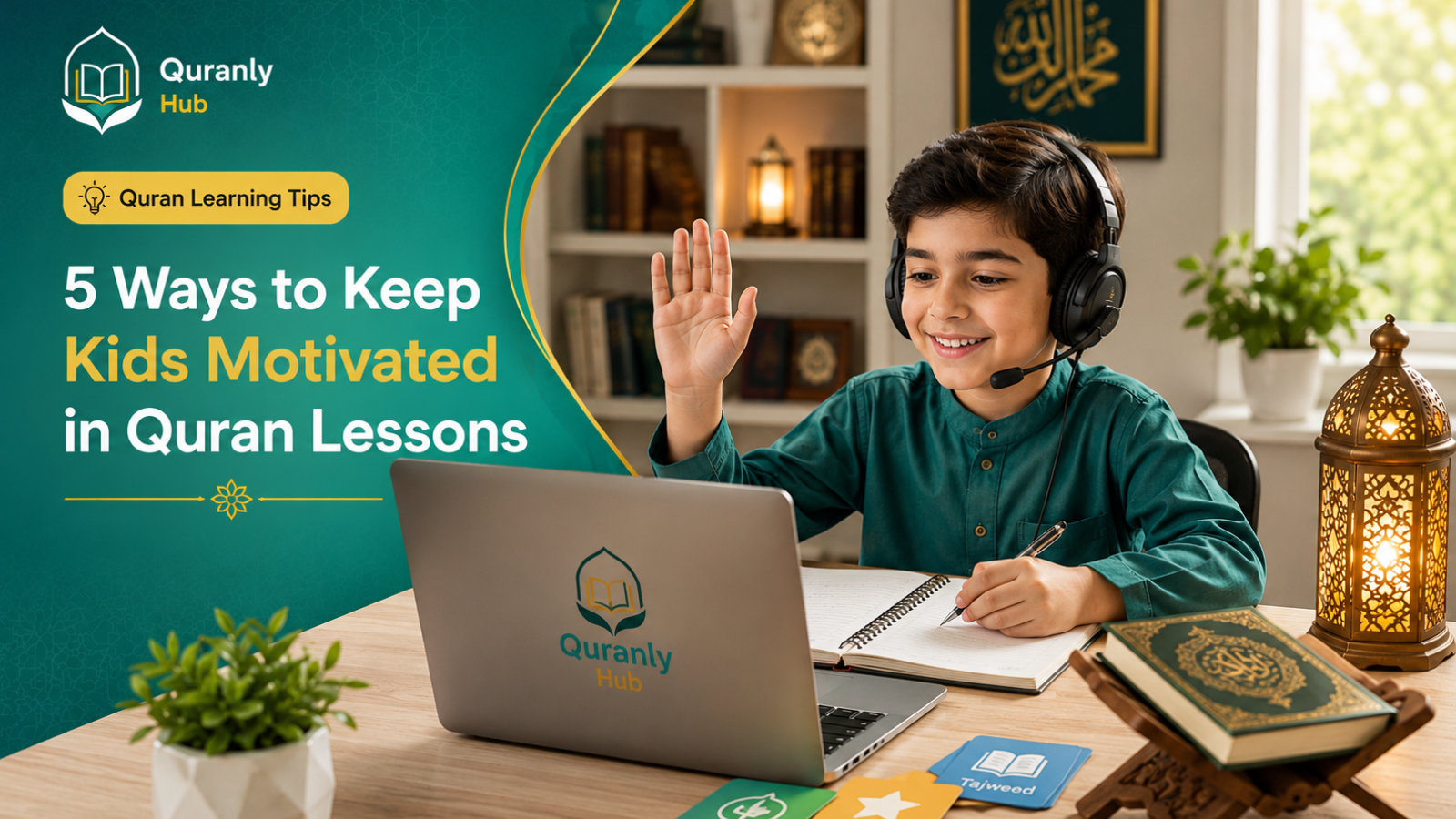 Child staying motivated during an online Quran lesson