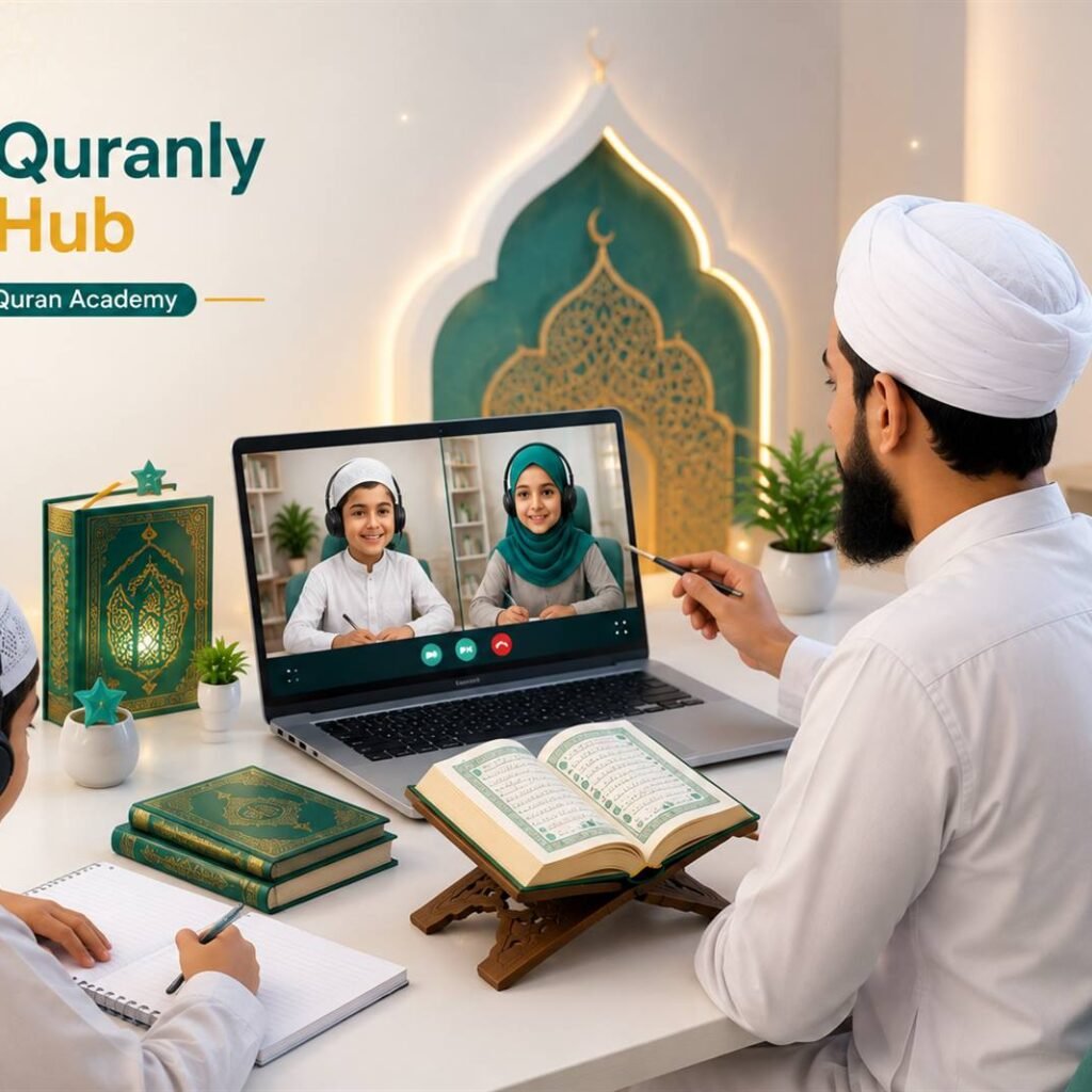 Father and son on a video call with two young students and their Quran teacher during an online Quran lesson
