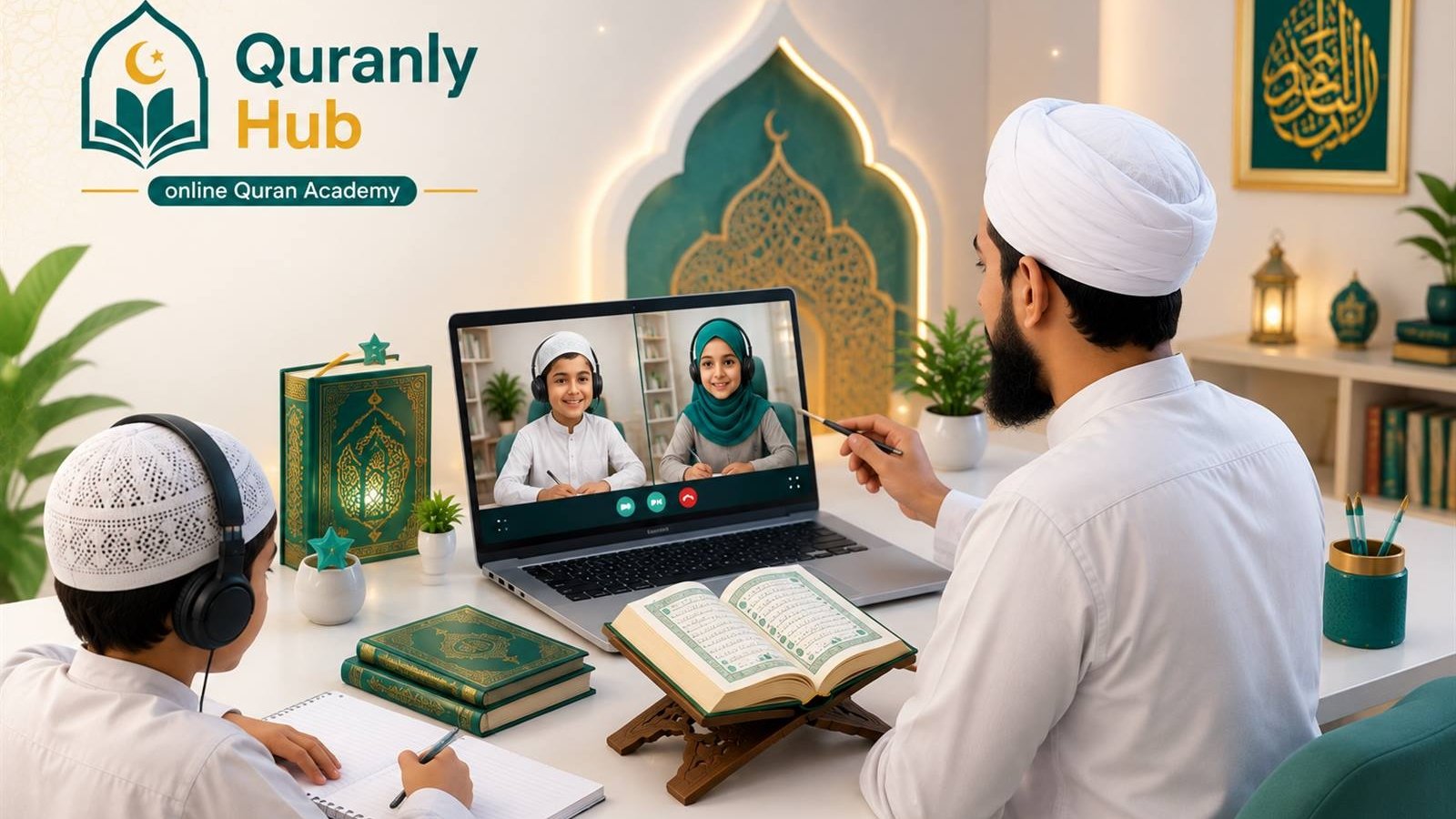 Father and son on a video call with two young students and their Quran teacher during an online Quran lesson