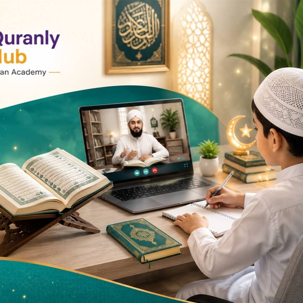 Young boy following along on his own Quran while his teacher recites during a video call in an online Hifz class