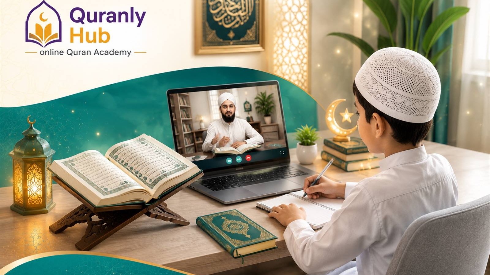 Young boy following along on his own Quran while his teacher recites during a video call in an online Hifz class