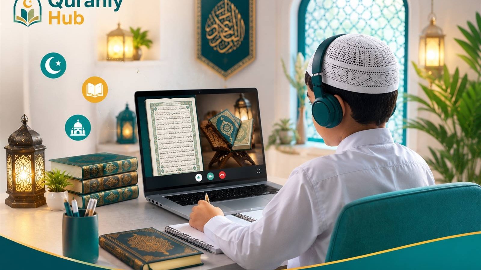 Boy on a split-screen video call viewing an open Quran manuscript page while writing notes at his desk