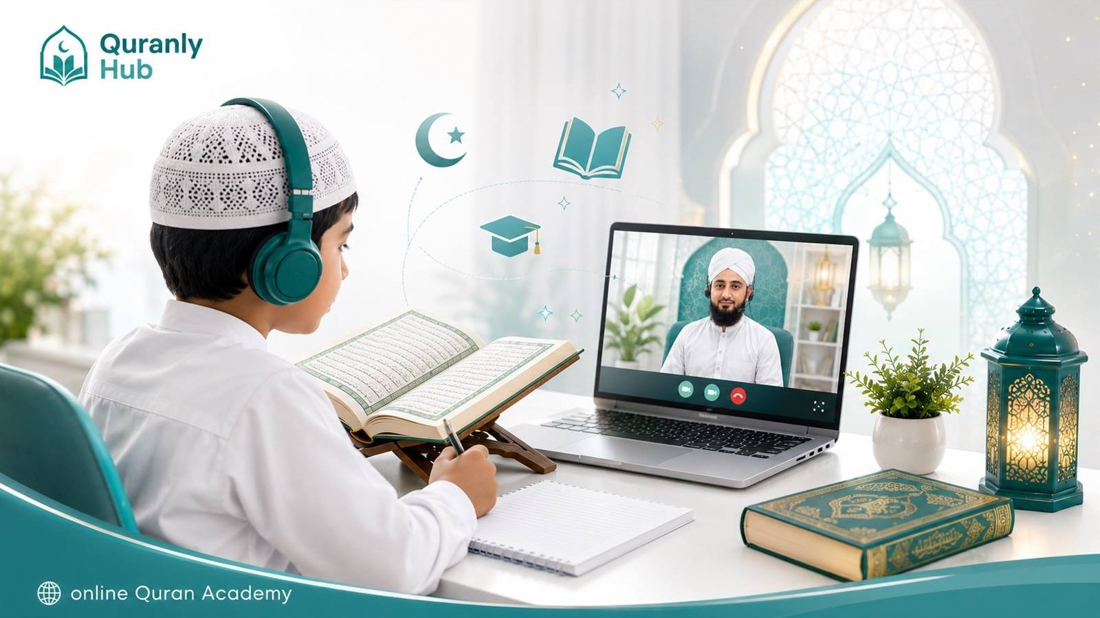 Boy wearing headphones reading an open Quran on a stand during a live online lesson, with a tutor visible on a laptop screen