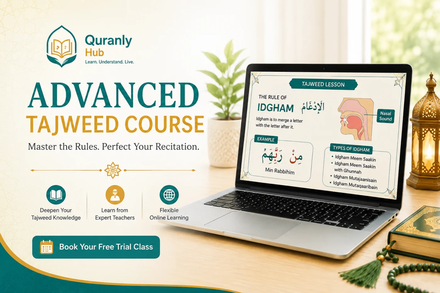 Student practicing advanced Tajweed rules in an online lesson