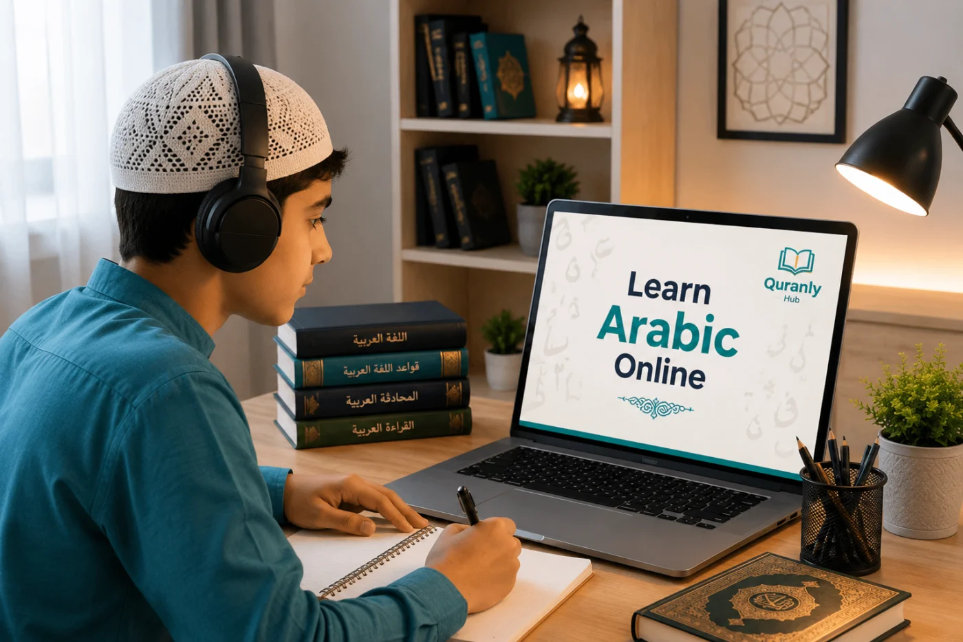 Student studying an Arabic grammar course to better understand the Quran