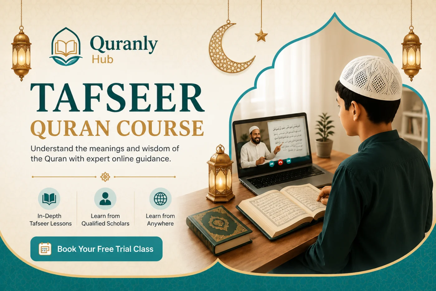 Student comparing Quran tafseer books during an online Tafseer class