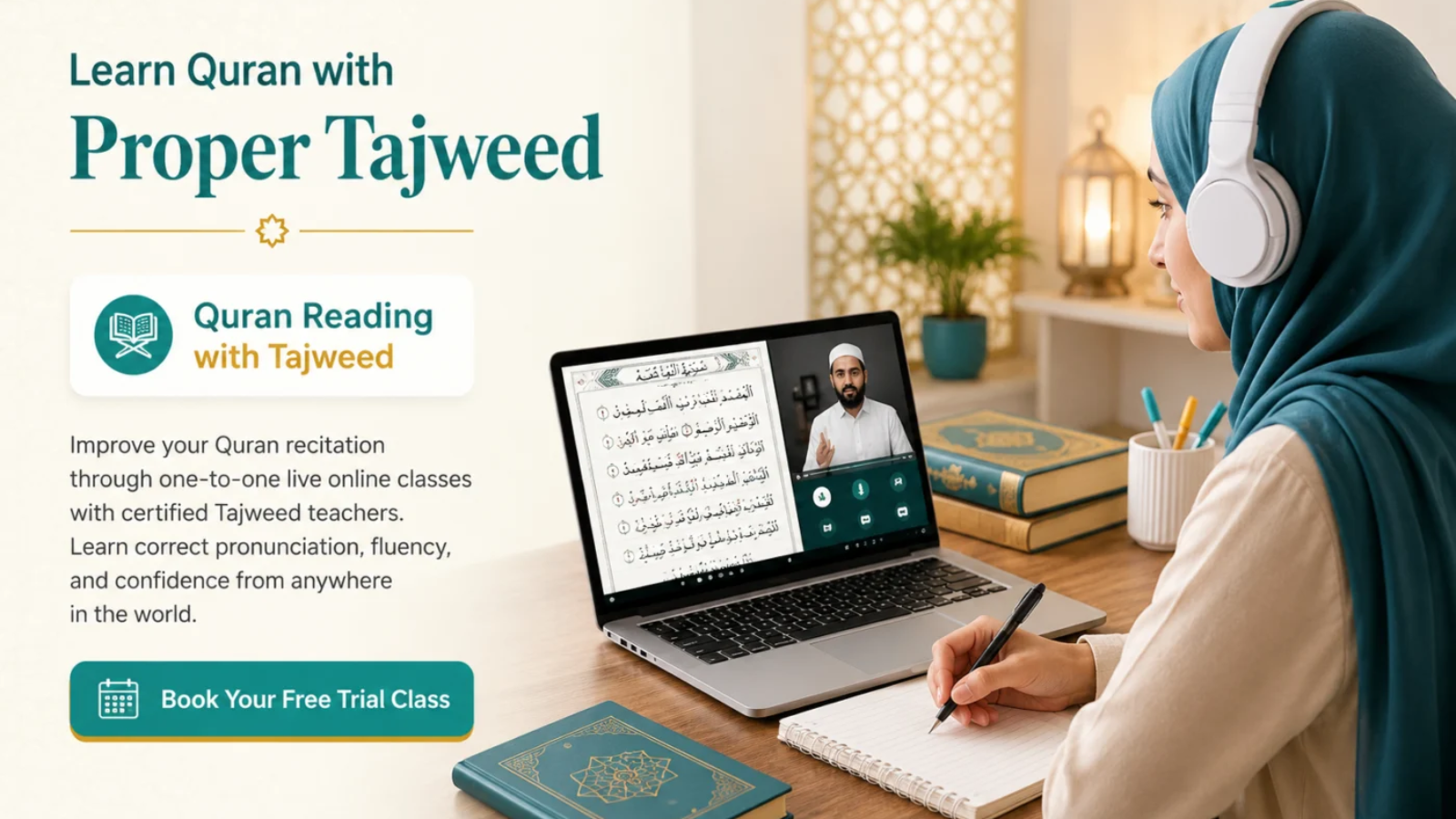 Student practising Quran recitation with Tajweed on a video call