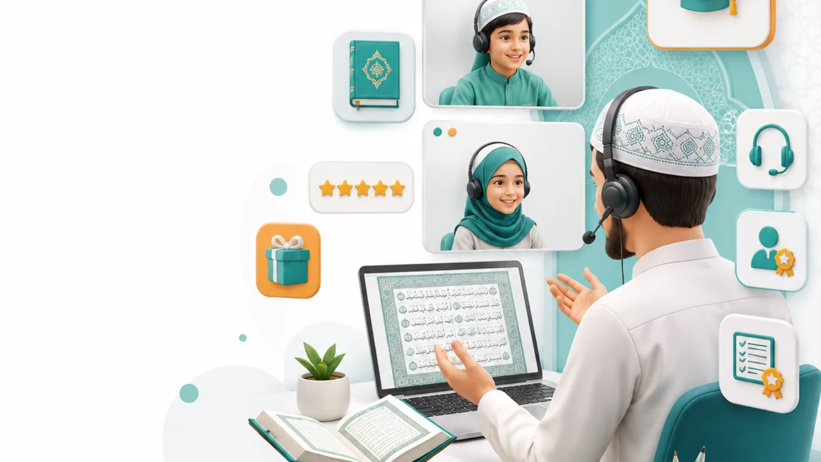 Certified QuranlyHub tutor teaching two students in a live online Quran class