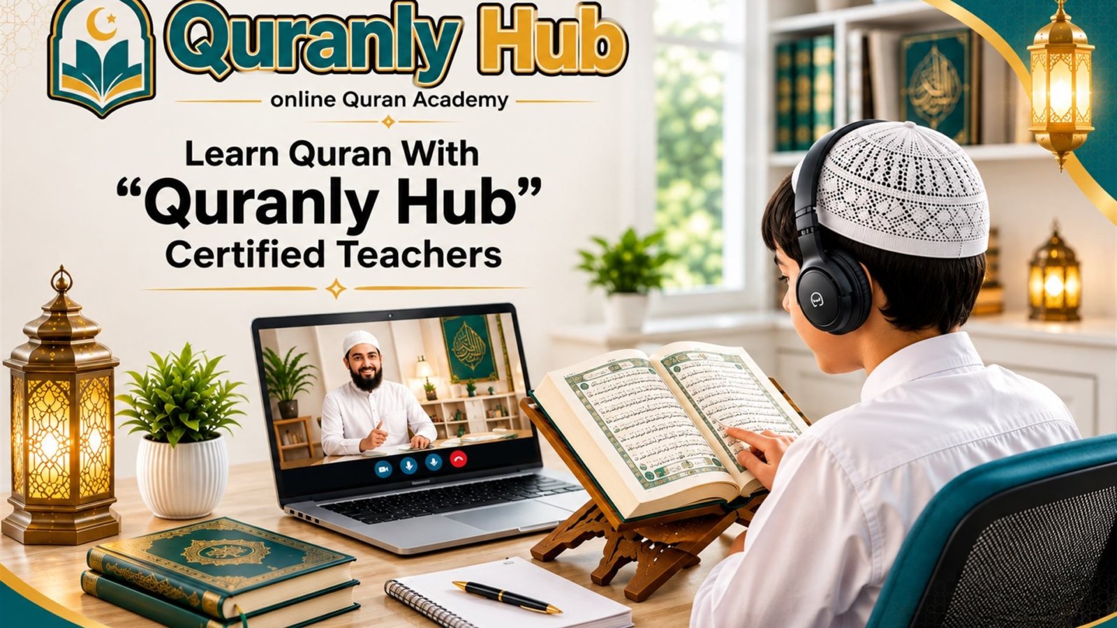 Boy reading the Quran during a live online lesson with his QuranlyHub tutor, next to the QuranlyHub logo and headline "Learn Quran With Quranly Hub Certified Teachers"