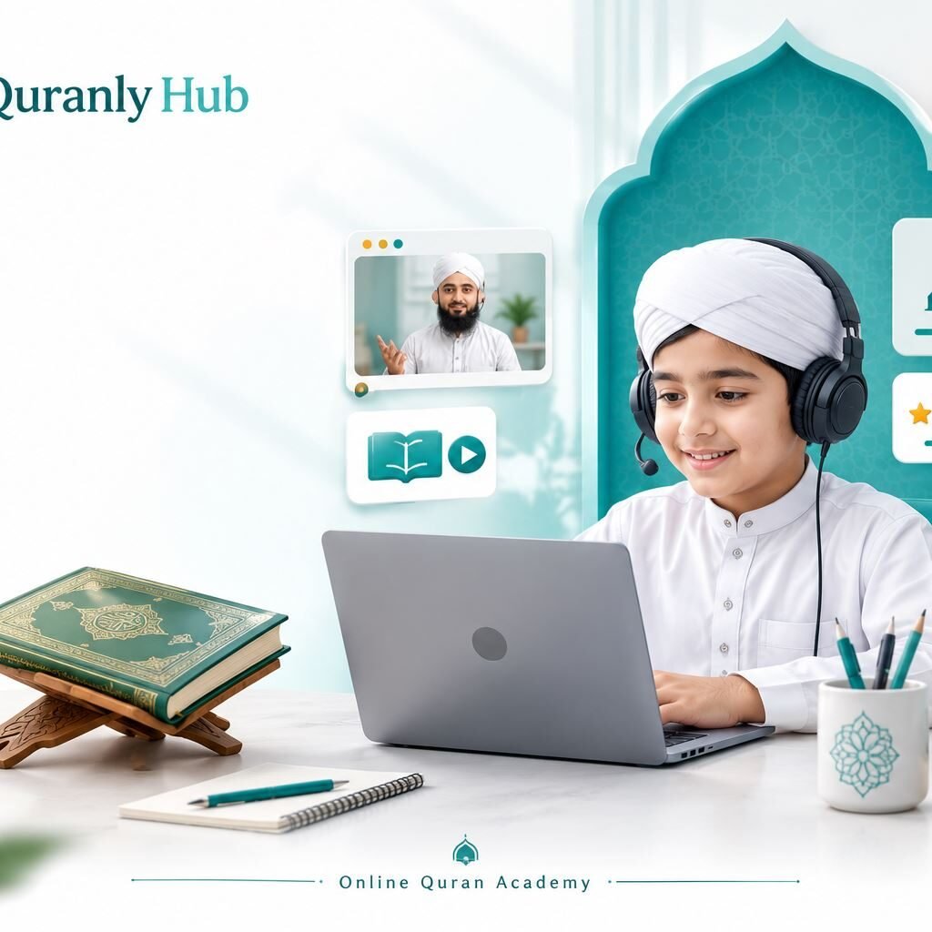 Boy wearing a headset attending a live online Quran class on his laptop, with his tutor visible on screen and the QuranlyHub logo