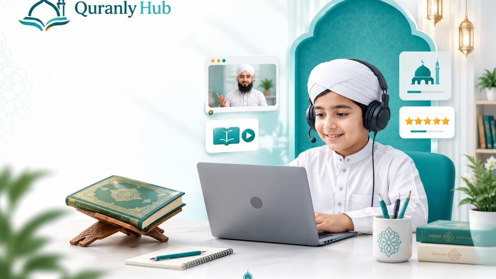 Boy wearing a headset attending a live online Quran class on his laptop, with his tutor visible on screen and the QuranlyHub logo