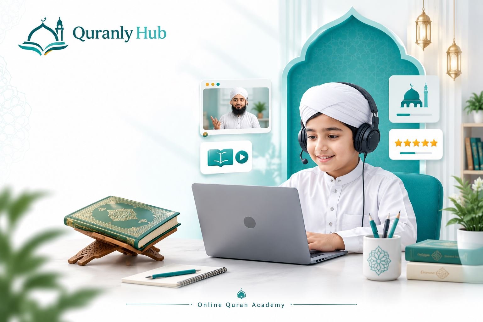 Boy wearing a headset attending a live online Quran class on his laptop, with his tutor visible on screen and the QuranlyHub logo