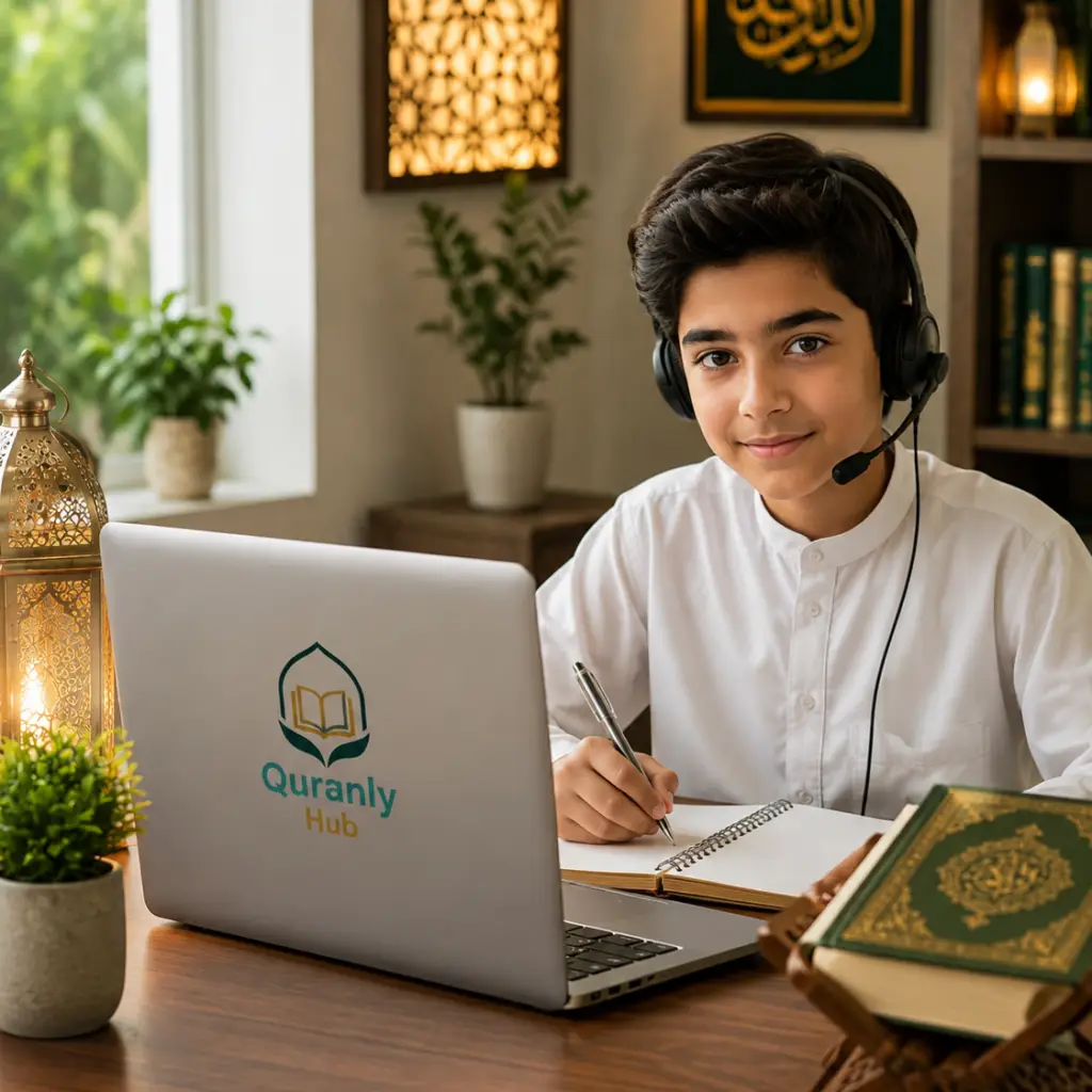 Quranly Hub student learning Quran online with a laptop