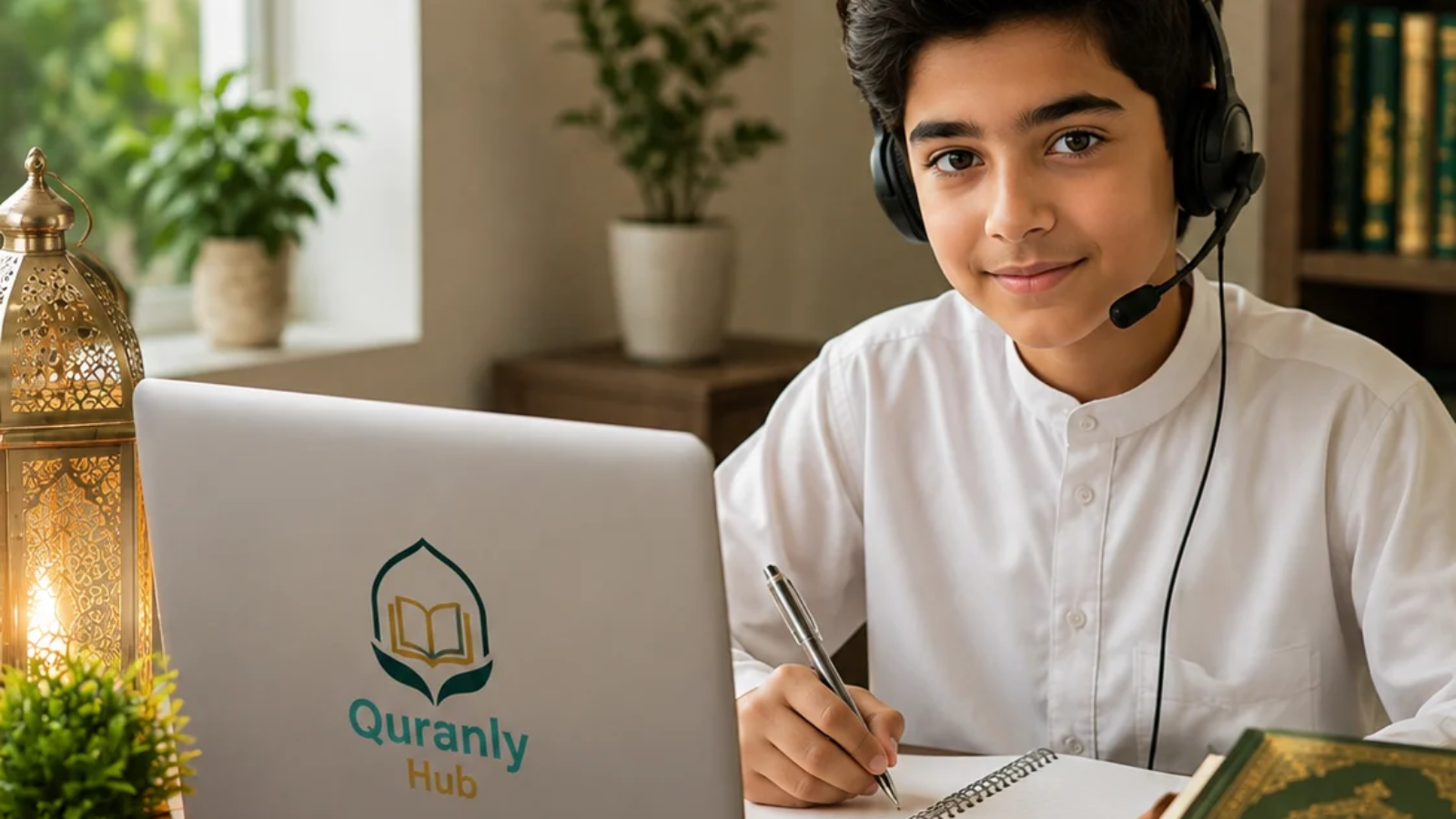 Quranly Hub student learning Quran online with a laptop
