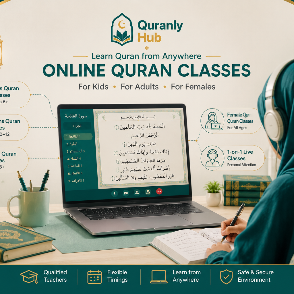 Female Muslim student learning Quran online with a certified tutor via video call on laptop - QuranlyHub