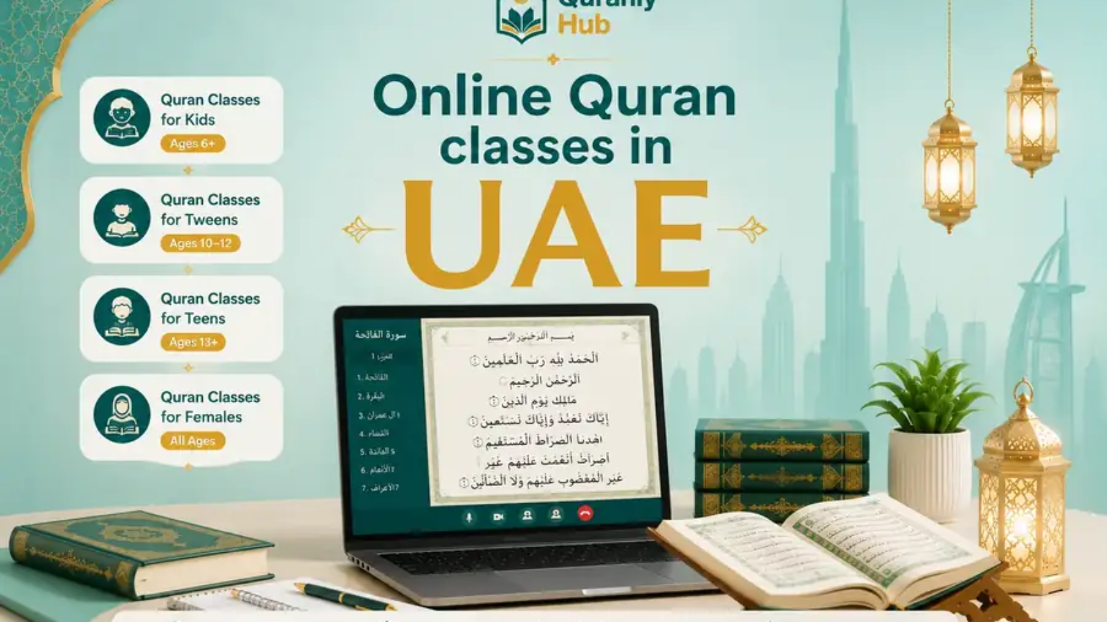 QuranlyHub online Quran classes for kids and adults in the UAE, live one-to-one lesson on a laptop with Quran open