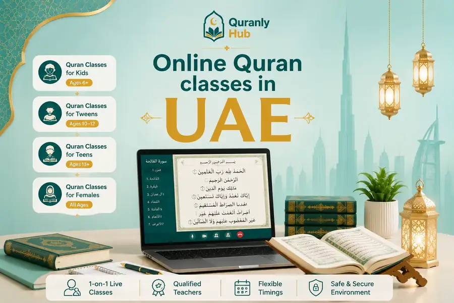QuranlyHub online Quran classes for kids and adults in the UAE, live one-to-one lesson on a laptop with Quran open
