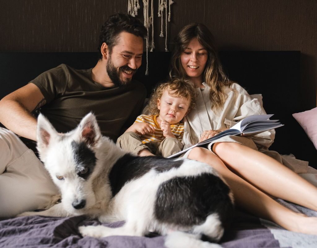 Family building a shared reading routine together at home