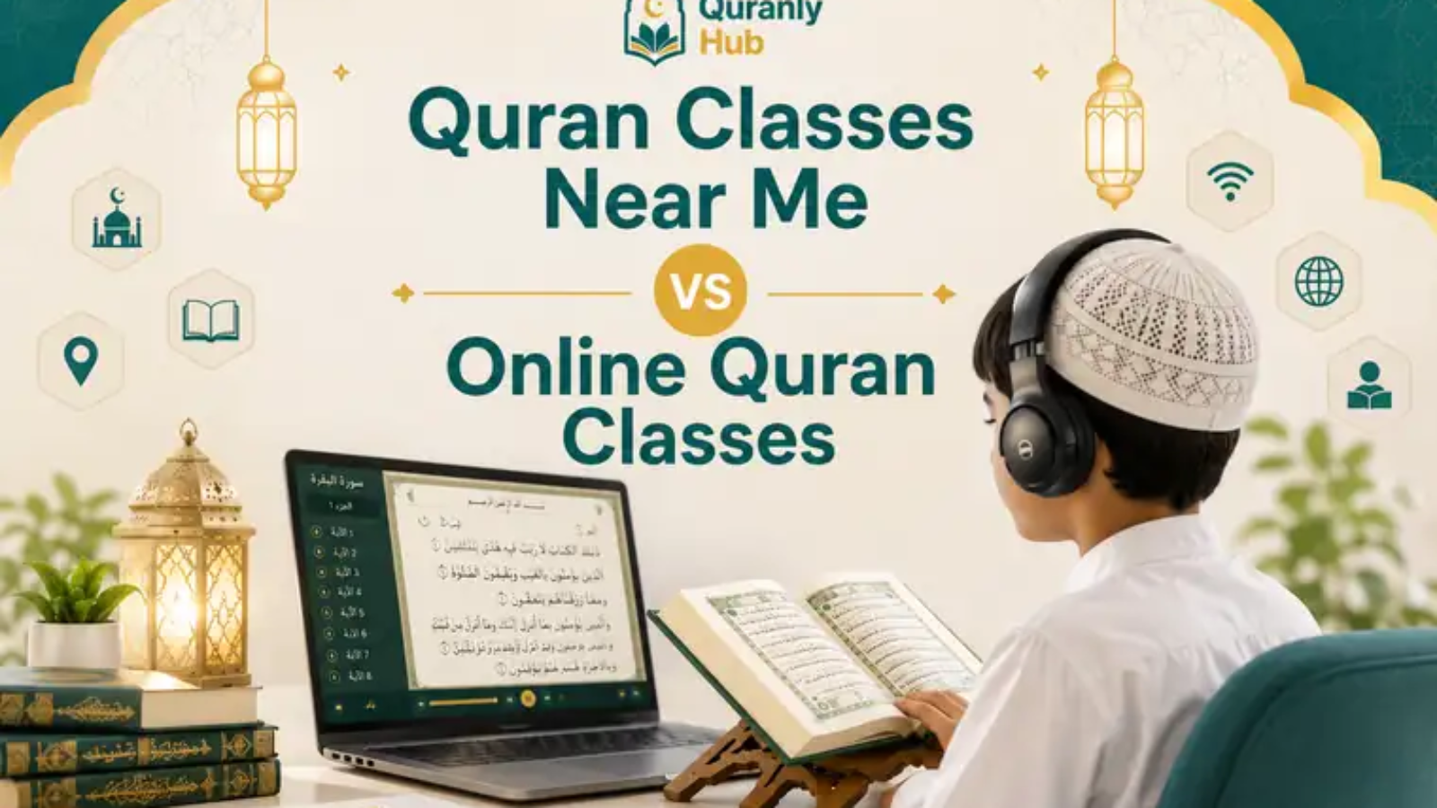 Quran classes near me vs online Quran classes comparison graphic showing a child studying Quran online with QuranlyHub