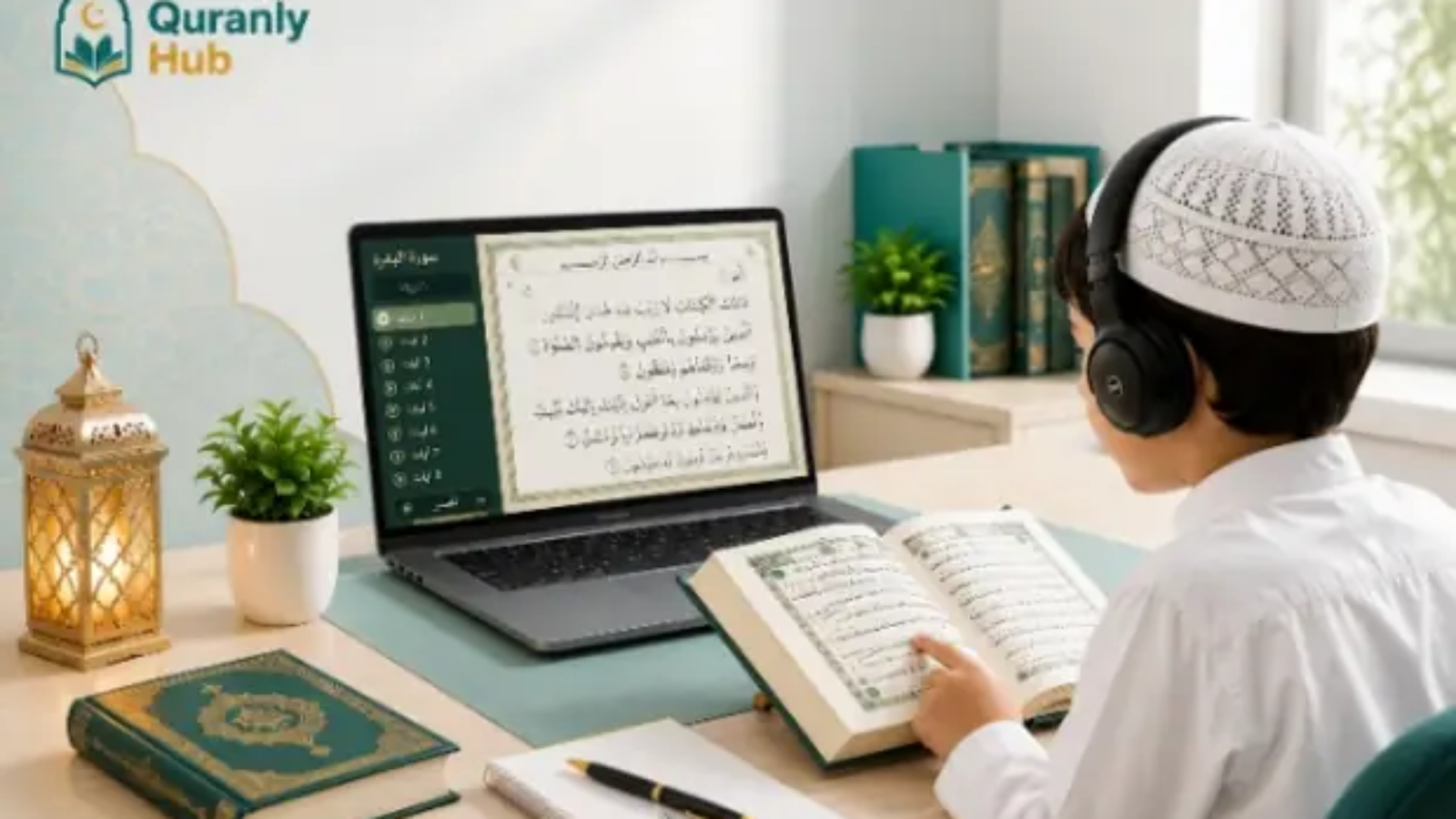 Student taking an online Quran recitation course with headphones, following an open Quran beside a laptop