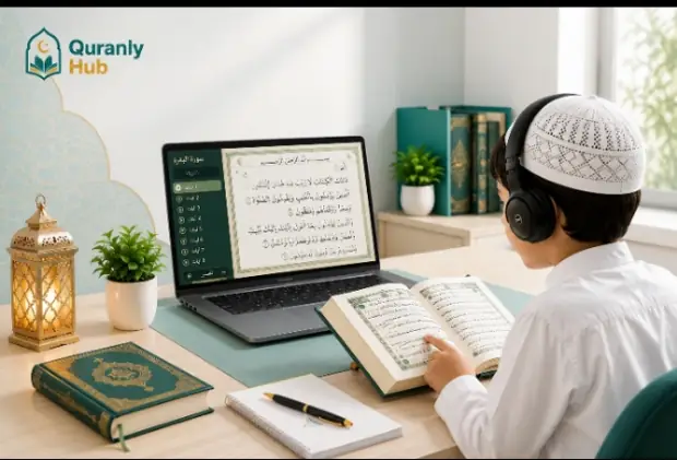 Student taking an online Quran recitation course with headphones, following an open Quran beside a laptop