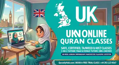 Online Quran classes UK guide — girl learning Tajweed via live video call with a QuranlyHub tutor, UK map showing London, Birmingham, Manchester, Bradford, Glasgow