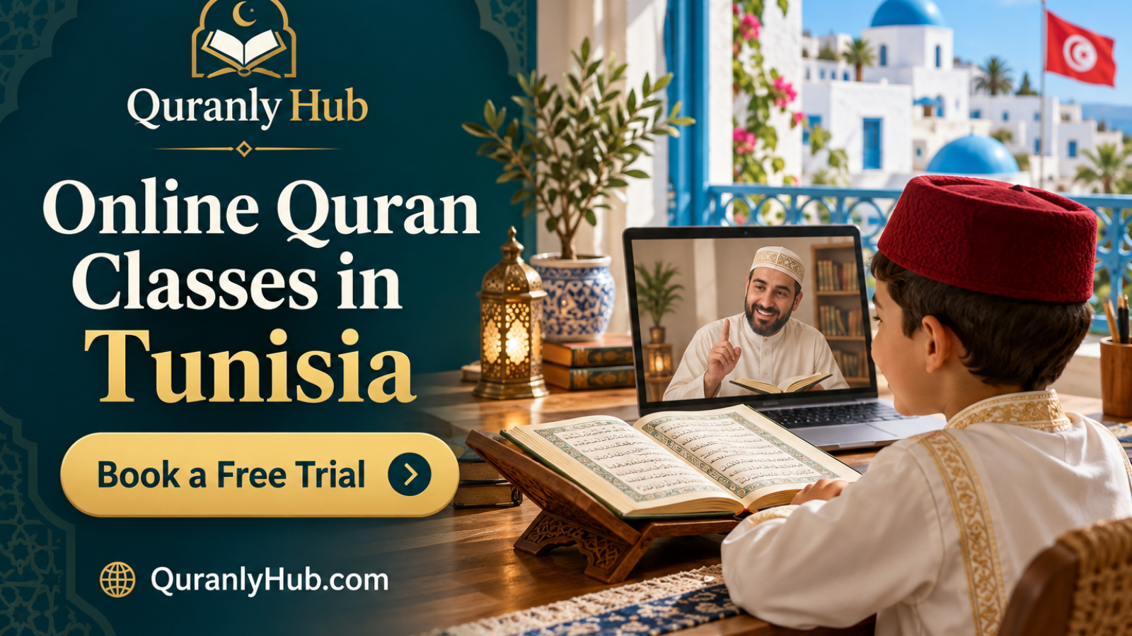Online Quran classes in Tunisia: a child learning with a QuranlyHub tutor on a live video call
